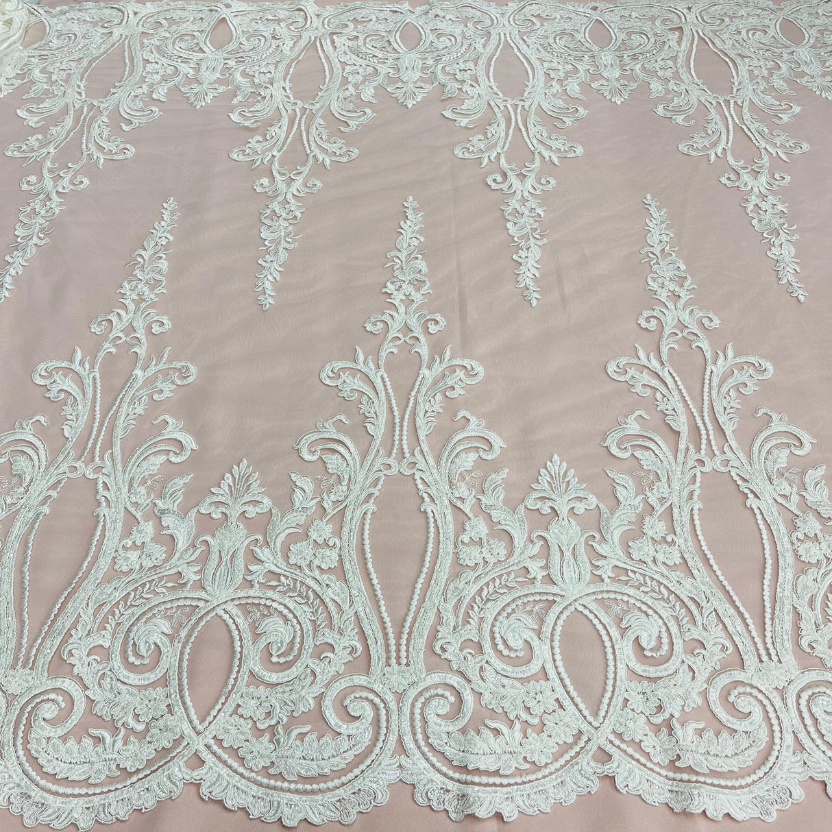 1 Yard Beaded Corded Bridal Lace Fabric Embroidered on Polyester Net Mesh Width 54 Inches