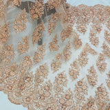 1 Yard Red Beaded Embroidered Lace Fabric on 100% Polyester Mesh, 50" Width