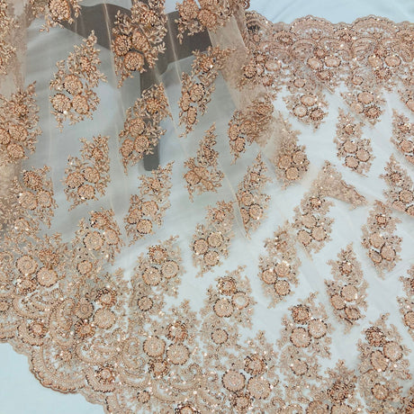 1 Yard Red Beaded Embroidered Lace Fabric on 100% Polyester Mesh, 50" Width