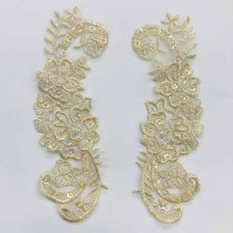 1 Pair Beaded Lace Applique Embroidered on 100% Polyester Organza 9" x 3" Each Side