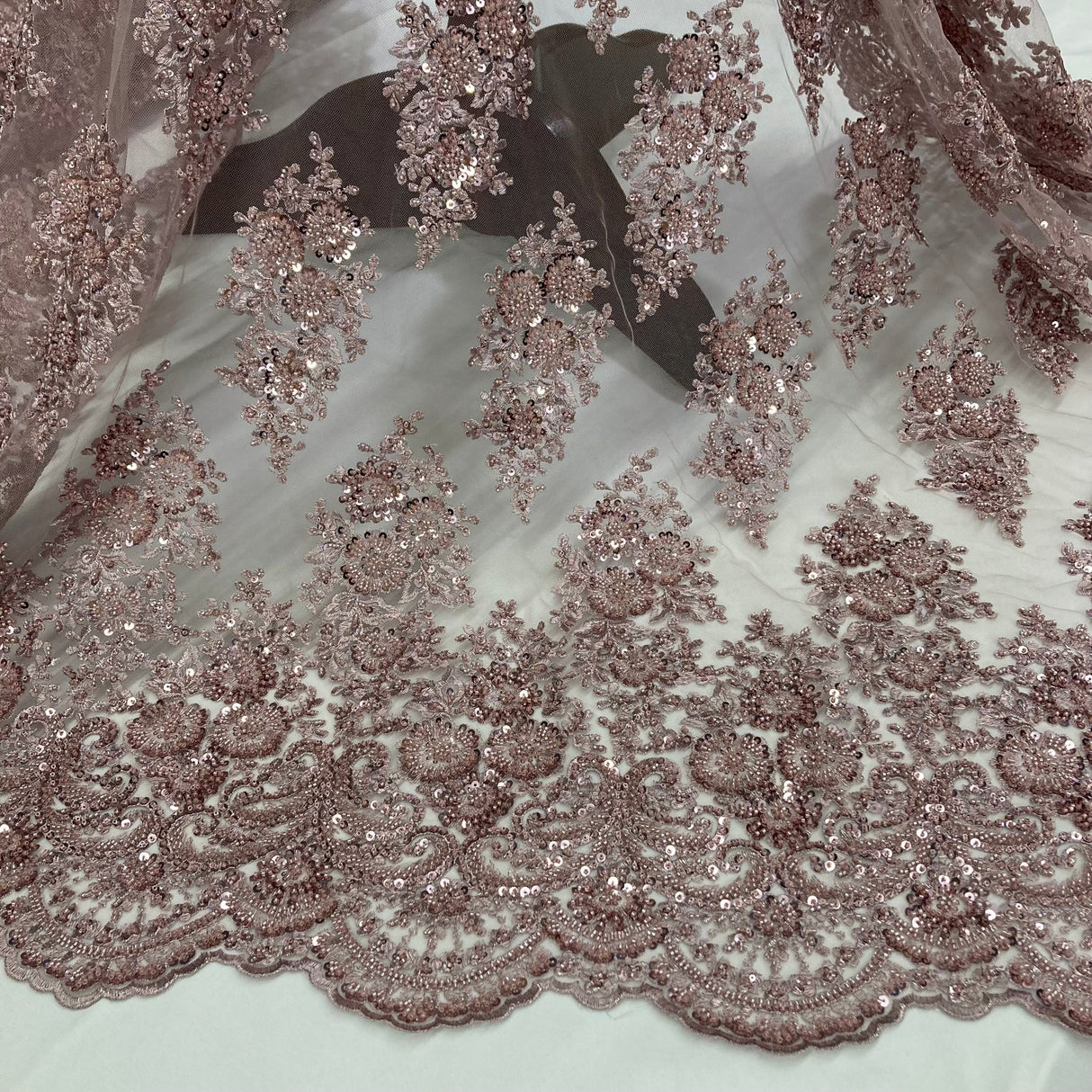 1 Yard Red Beaded Embroidered Lace Fabric on 100% Polyester Mesh, 50" Width