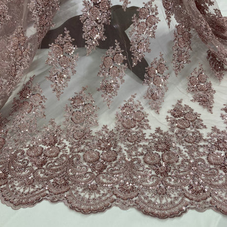 1 Yard Red Beaded Embroidered Lace Fabric on 100% Polyester Mesh, 50" Width