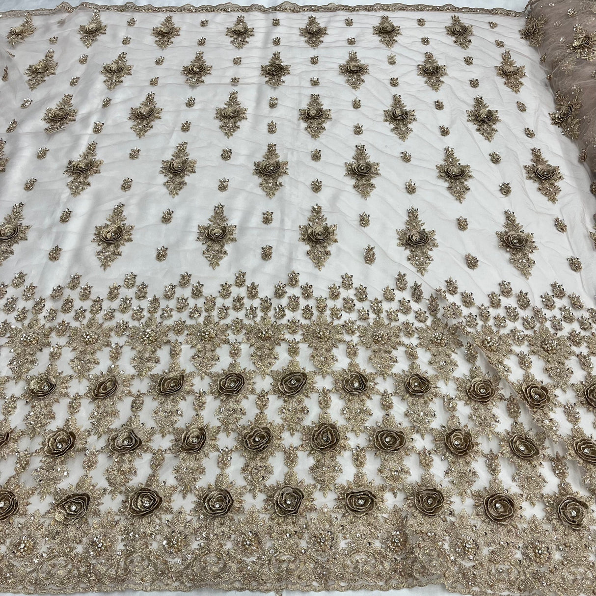 1 Yard Luxurious Beaded Rhinestone 3D Floral Lace Fabric Embroidered Mesh 54