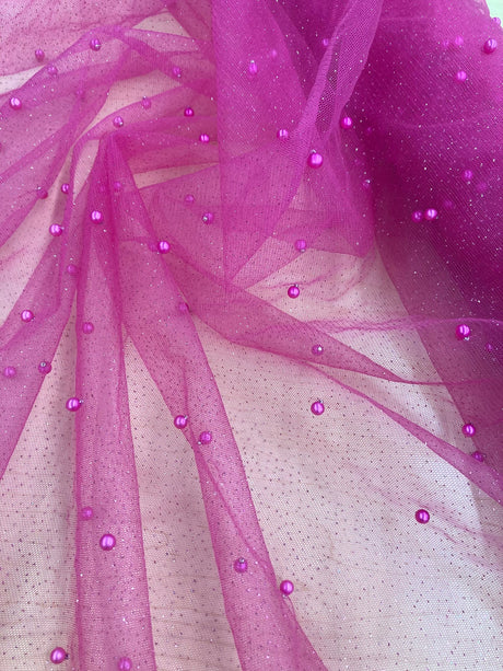 1 Yard Hunter Green Glitter Mesh Fabric with Scattered Pearls Stretch Soft Sparkle Net 60 Inch Width