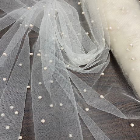 1 Yard White Stretch Net Mesh Fabric with Scattered Pearls Lightweight Soft Material 60 Inch Width