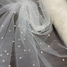 1 Yard White Stretch Net Mesh Fabric with Scattered Pearls Lightweight Soft Material 60 Inch Width