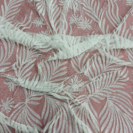 1 Yard Gold Beaded and Corded Bridal Lace Fabric Embroidered on 100 Percent Polyester Net Mesh 56 Inch Width