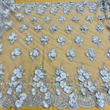 1 Yard Navy Beaded 3D Floral Embroidered Lace Fabric on Polyester Mesh, 54" Width,