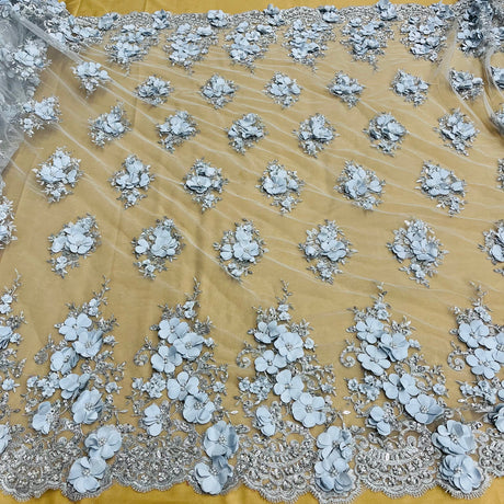 1 Yard Navy Beaded 3D Floral Embroidered Lace Fabric on Polyester Mesh, 54" Width,