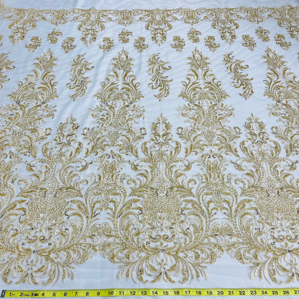 1 Yard Silver Beaded Lace Fabric Embroidered on 100% Polyester Net Mesh 60 Inch Width