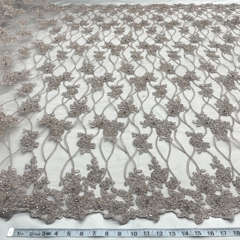 1 Yard Blush Beaded & Corded Bridal Lace Embroidered on Fabric 52" Wide Polyester Net Mesh