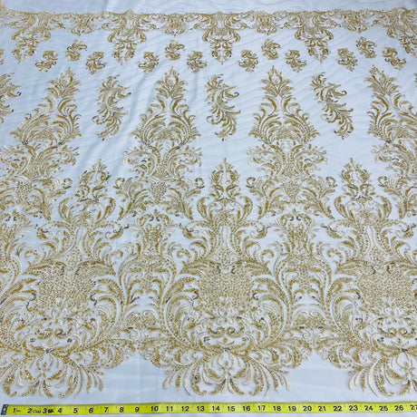 1 Yard Gold Beaded Lace Fabric Embroidered on 100% Polyester Net Mesh Couture 60 Inch Width