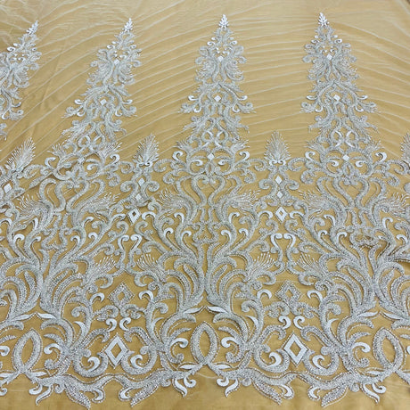 1 Yard Gold Beaded Lace Fabric Embroidered with Fuzzy Thread on 100 Percent Polyester Net Mesh 49 Inch Width