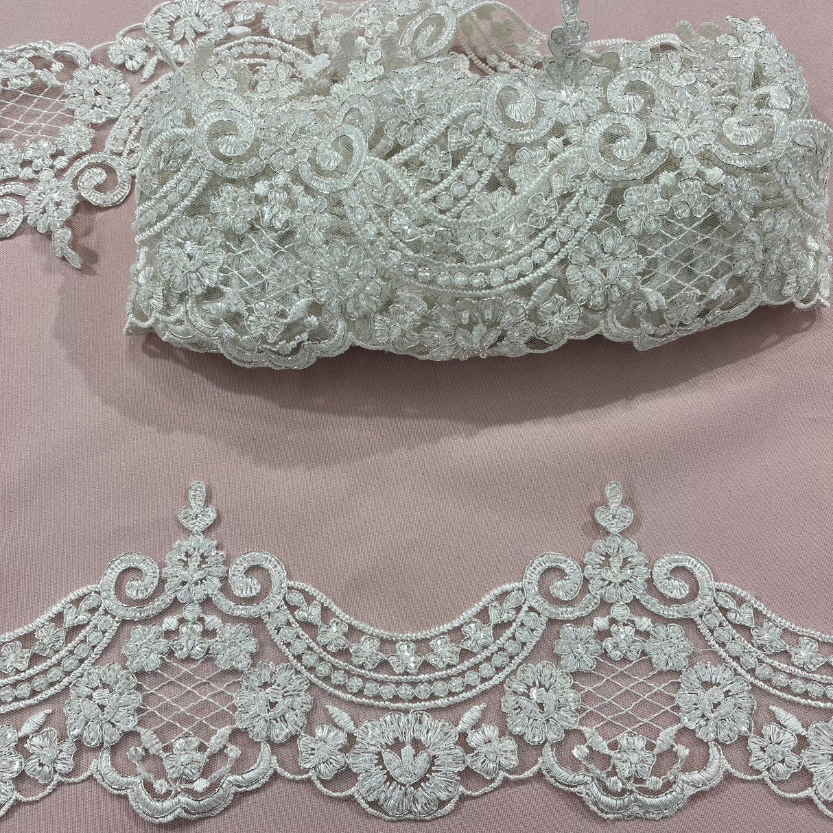 1 Yard 5? Wide Beaded & Corded Lace Trimming Embroidered on 100% Polyester Net Mesh