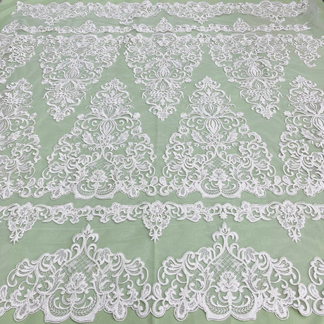 1 Yard Elegant Corded Bridal Lace Fabric Embroidered on Premium Polyester Mesh 53