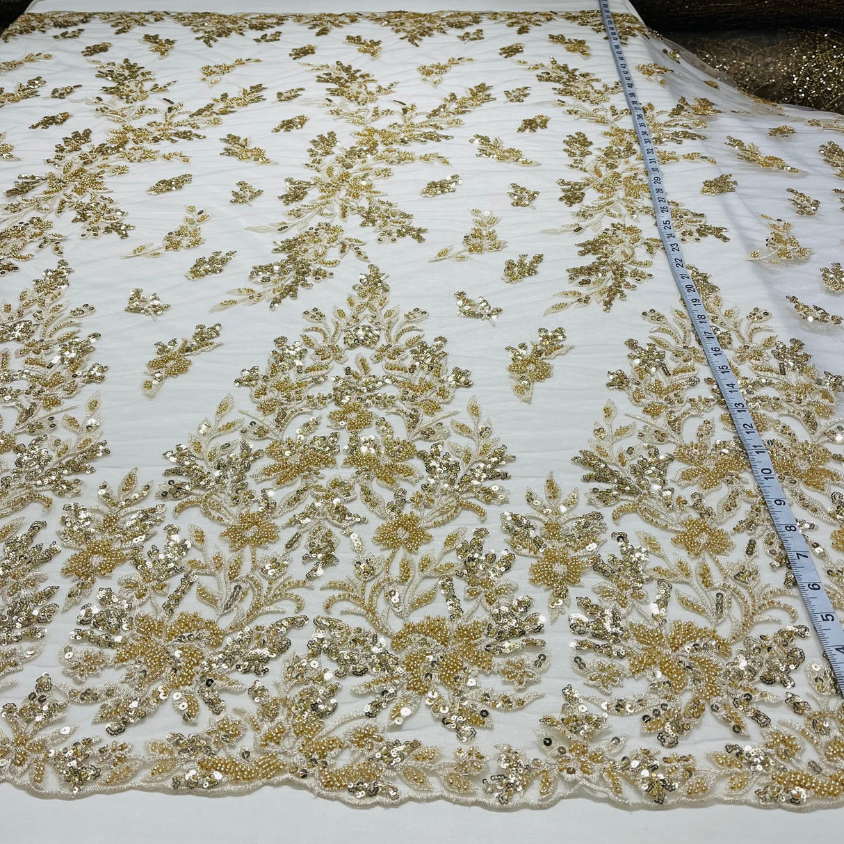 1 Yard Gold Beaded Lace Fabric Embroidered on Polyester Net Mesh 52 Inch Width