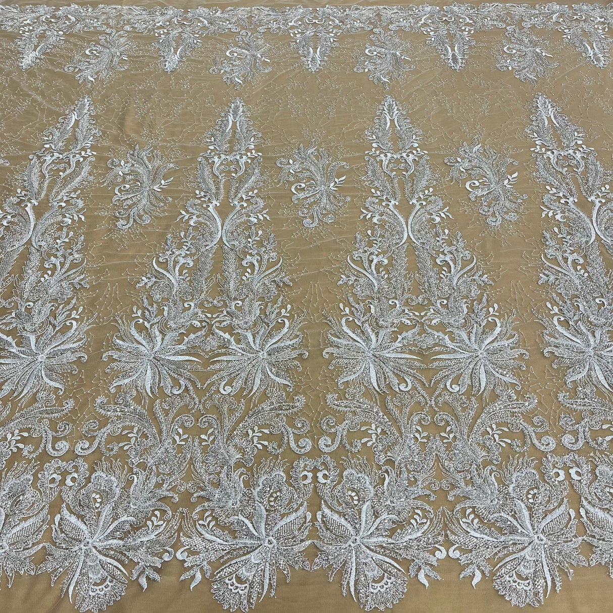 1 Yard Silver Beaded Lace Fabric Embroidered With Fuzzy Thread on 100% Polyester Net Mesh 53 Inch Width