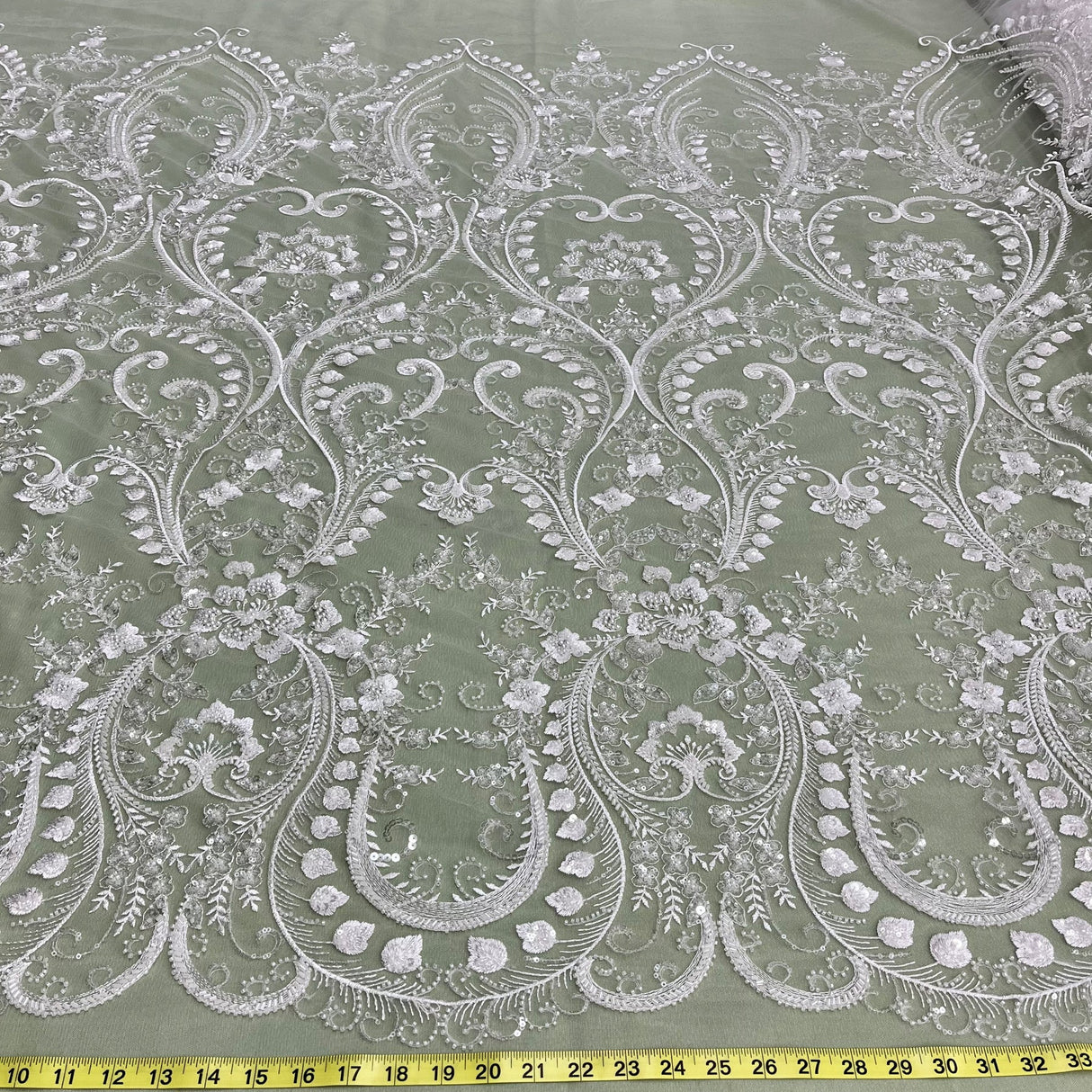 1 Yard Antique Silver Beaded Lace Fabric Embroidered on 100% Polyester Net Mesh 51 Inch Width