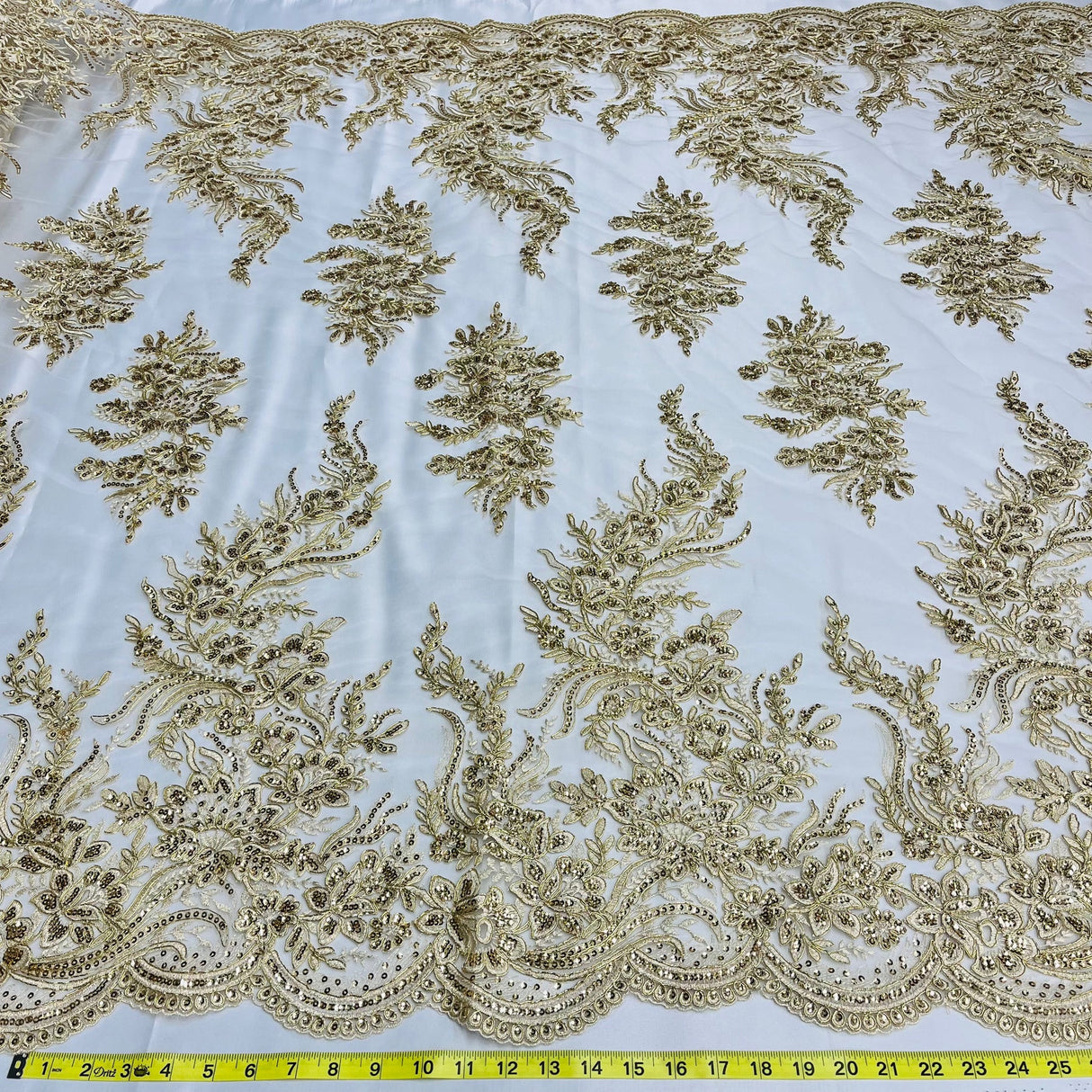 1 Yard Elegant Beaded Corded Bridal Lace Fabric Embroidered on Premium Mesh 56