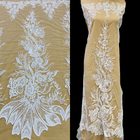 1 Yard Gold Beaded Sequined Lace Fabric Embroidered on Polyester Net Mesh 50 inch Width