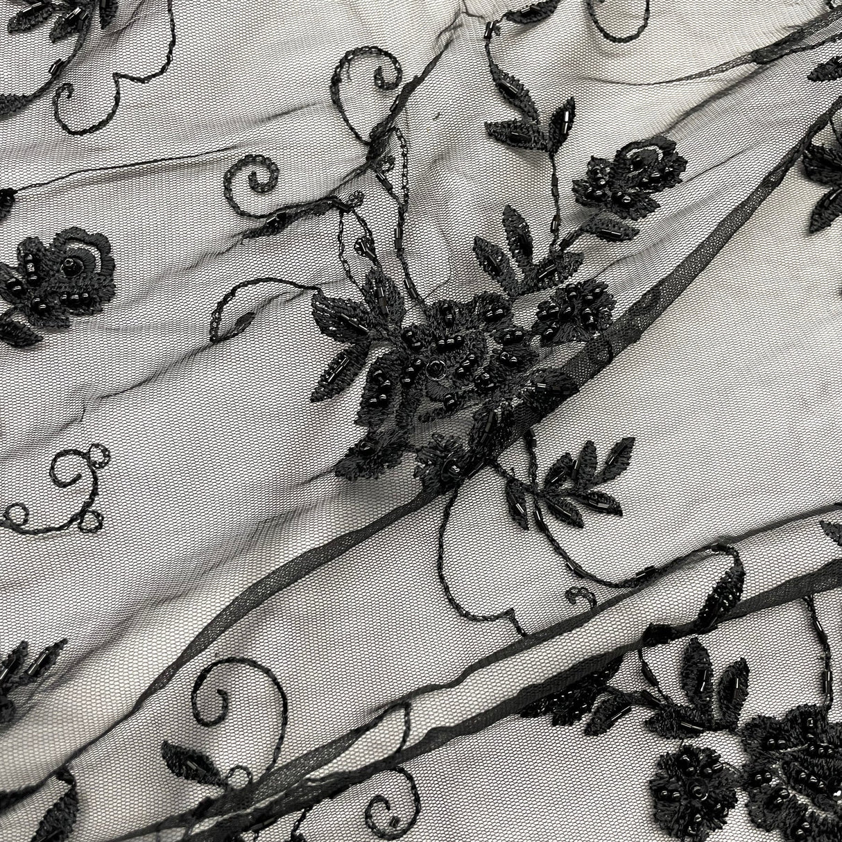1 Yard Black Beaded Lace Fabric with Sequins and Pearls for Bridal and Evening Gowns, 51 Inches Wide