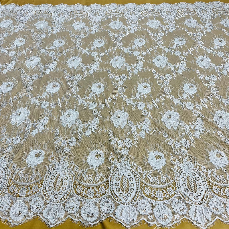 3 Yards Precut Beaded &amp; Corded Chantilly Floral Lace Fabric Embroidered on 100% Polyester Net Mesh 58" Wide
