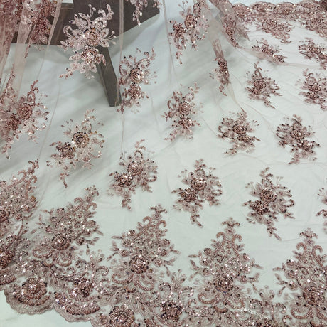 1 Yard Gold Beaded Lace Fabric Embroidered on Polyester Net Mesh 50 inch Width