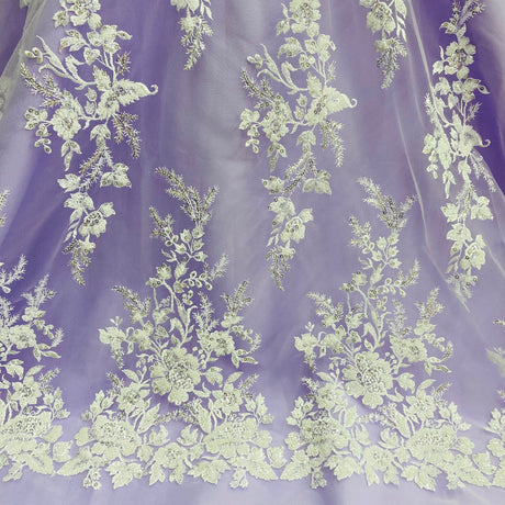 1 Yard Beaded & Sequined Embroidered Lace Fabric on Polyester Mesh, 52" Wide