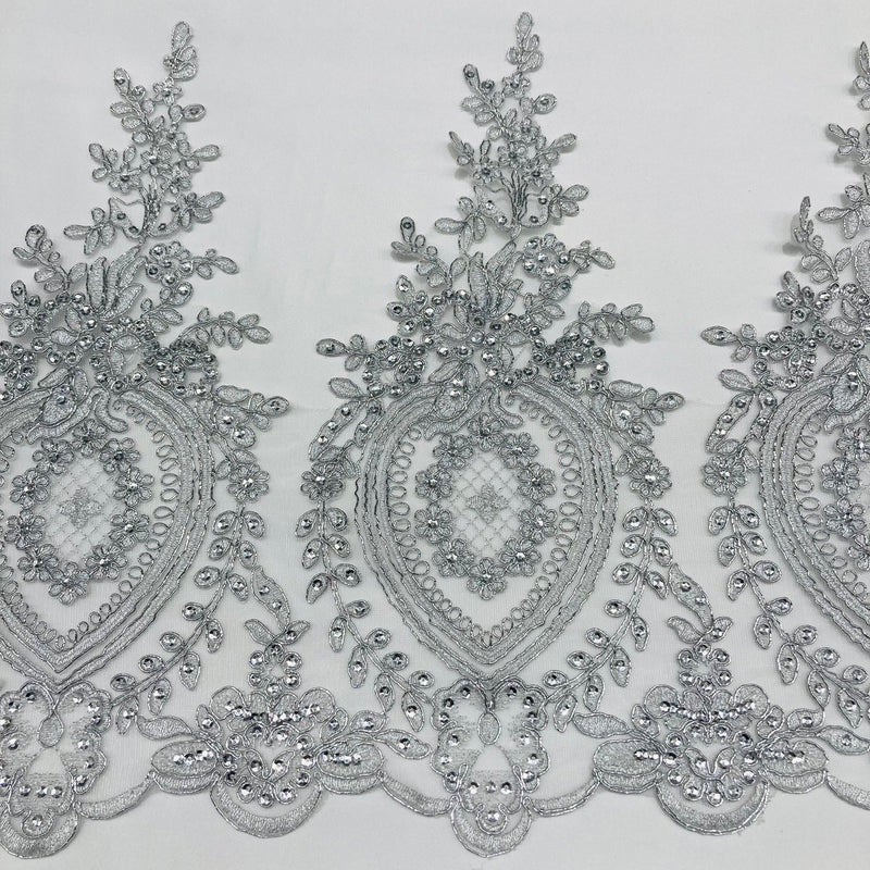 1 Yard Beaded & Corded Lace Trimming  13″ Wide Embroidered on 100% Polyester Net Mesh