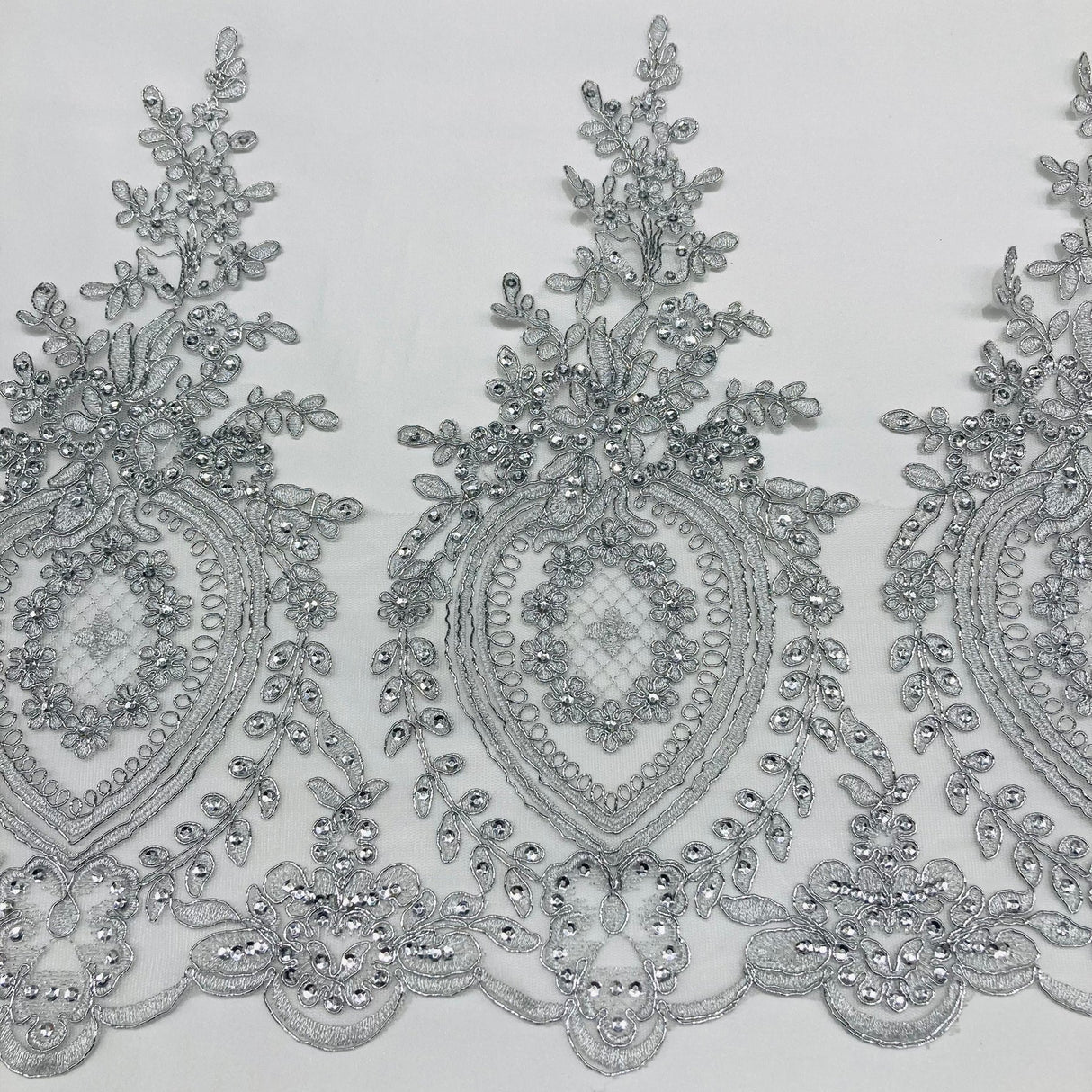 1 Yard Beaded & Corded Lace Trimming 13? Wide Embroidered on 100% Polyester Net Mesh