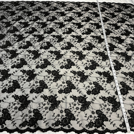 1 Yard Beaded and Corded Lace Fabric Embroidered on Polyester Net Mesh