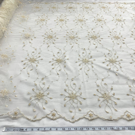 1 Yard Mustard Green Beaded Lace Fabric Embroidered Polyester Net Mesh 50 Inch Width