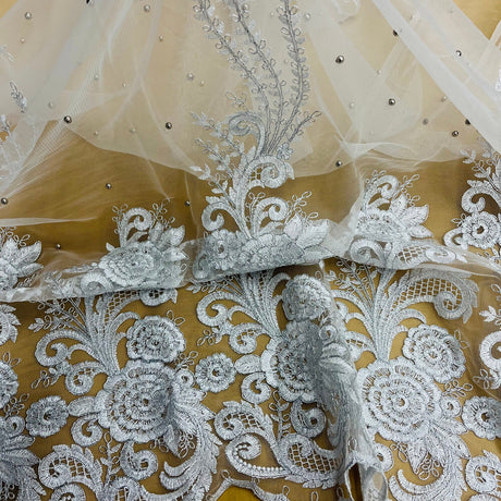 1 Yard Beaded Corded Lace Fabric Embroidered Net Mesh 51" Width