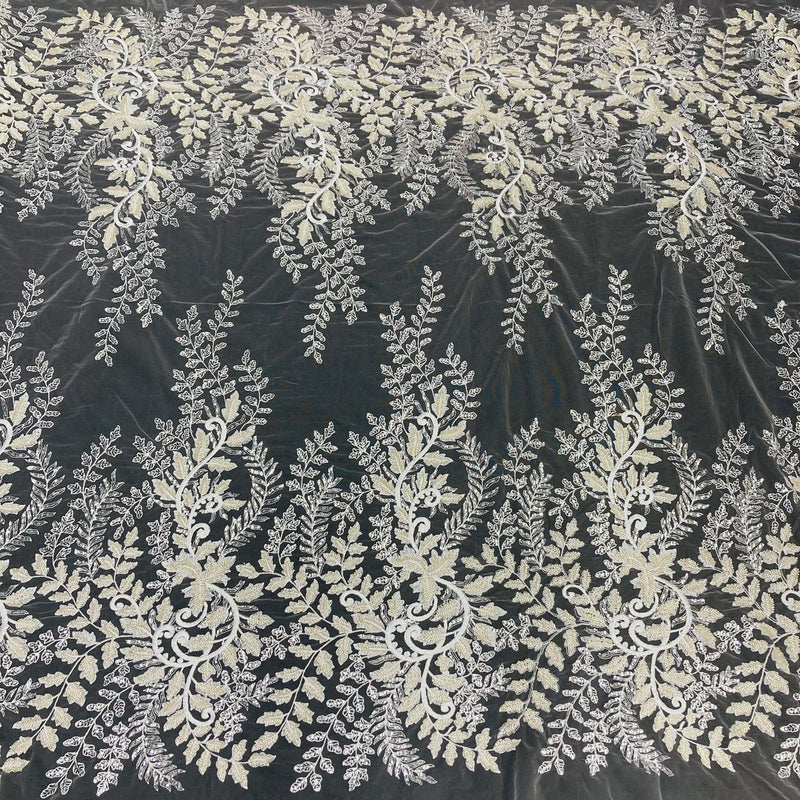 1 Yard Dazzling Silver Beaded Sequined Lace Fabric on Net Mesh 52 inch Width