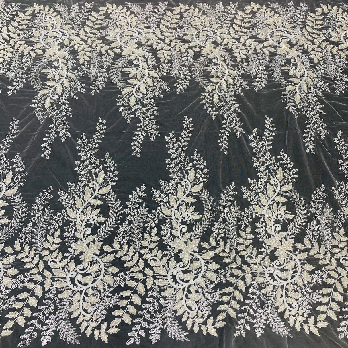 1 Yard Dazzling Silver Beaded Sequined Lace Fabric on Net Mesh 52 inch Width