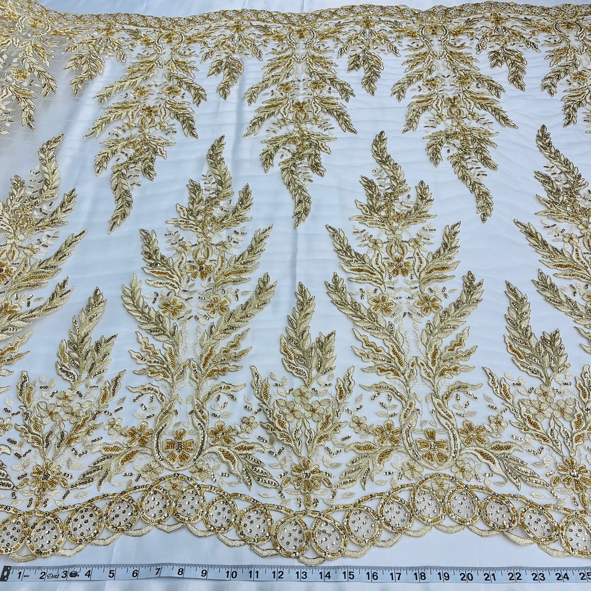 1 Yard Beaded Corded Bridal Lace Fabric Embroidered on Polyester Net Mesh Width 51 Inches