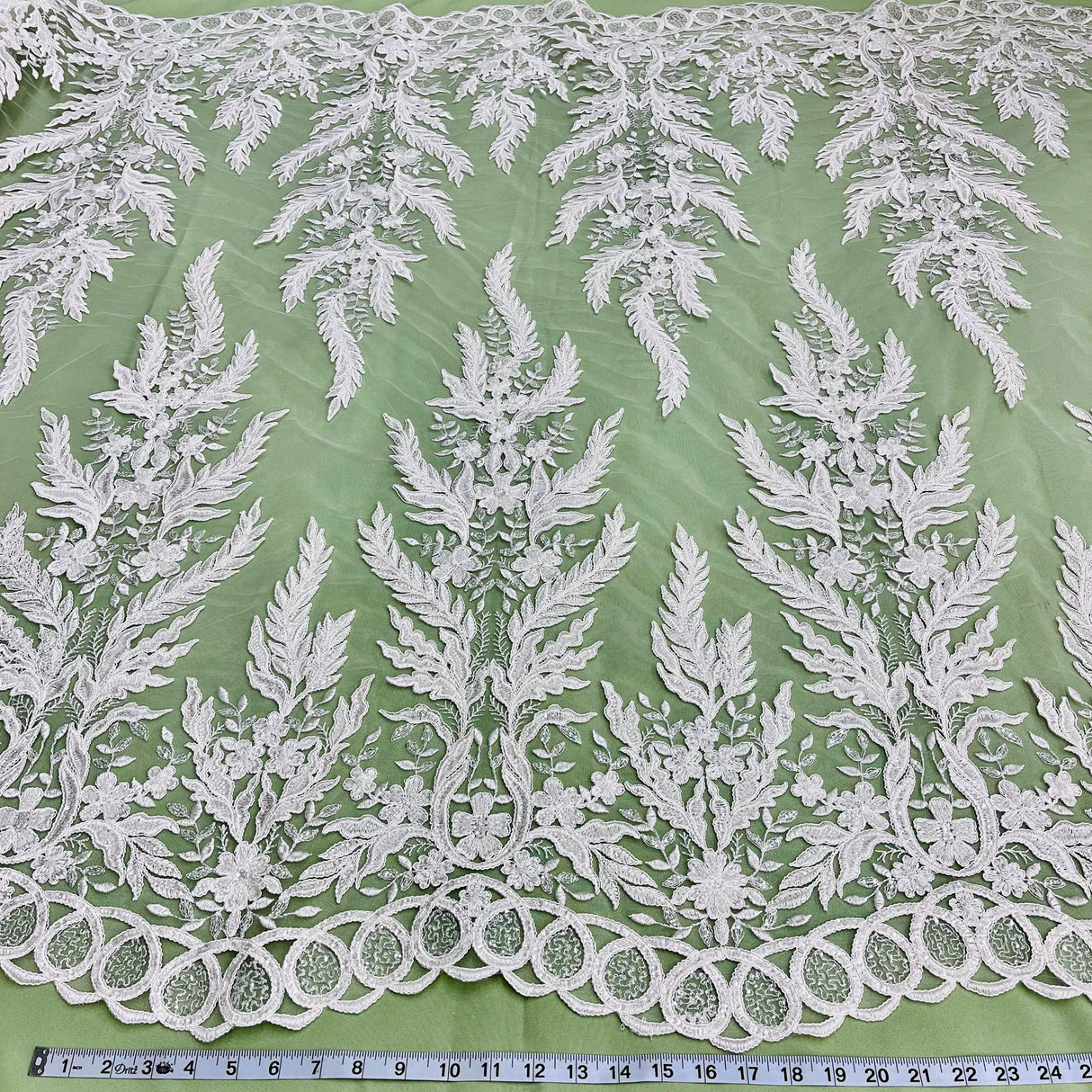 1 Yard Elegant White Beaded & Corded Embroidered Lace Fabric, 51" Wide, Bridal Fabrication for Gowns & Décor