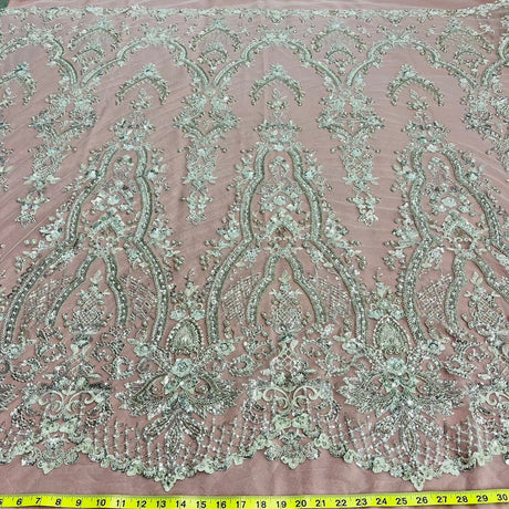1 Yard Beaded Lace Fabric Embroidered on Polyester Net Mesh, 52" Wide Bridal & Evening Fabric