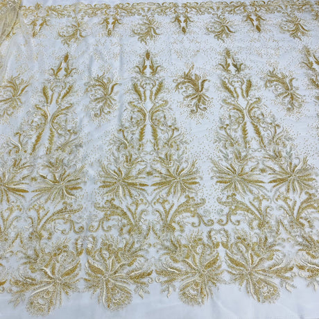 1 Yard Beaded Lace Fabric Embroidered with Fuzzy Thread on Polyester Net Mesh 53" Wide, Lace USA