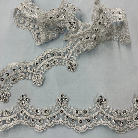 1 Yard Beaded Lace Trimming on Net Mesh | 2" Wide | Elegant Embroidered Trim for Bridal, Formalwear & Costumes