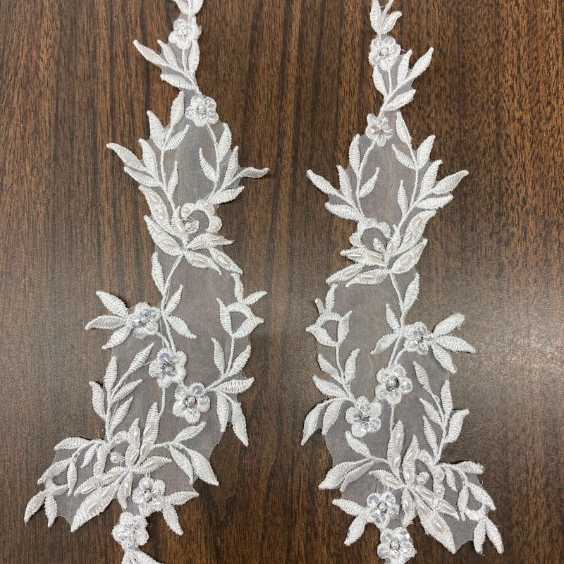 1 Pair Beaded Floral Lace Applique Embroidered on 100% Polyester Organza 10" x 2.5" Each Side