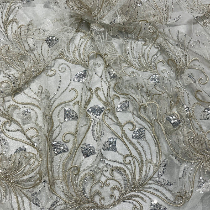 1 Yard Beaded Lace Fabric Embroidered on Polyester Net Mesh, 52" Wide, Premium Fabric for Dressmaking & Crafting