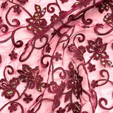 1 Yard Wine Beaded & Corded Bridal Lace Fabric Embroidered on Polyester Organza 54 Inch Width