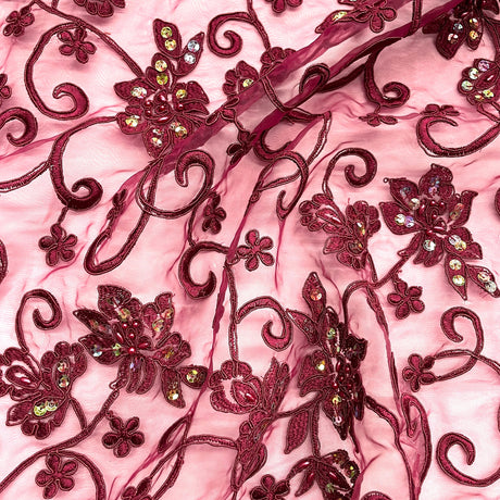 1 Yard Wine Beaded & Corded Bridal Lace Fabric Embroidered on Polyester Organza 54 Inch Width