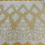 1 Yard Gold Beaded and Corded Bridal Lace Fabric Embroidered on 100 Percent Polyester Net Mesh 56 Inch Width