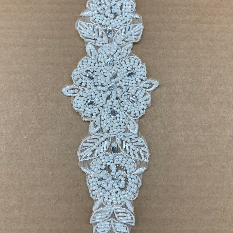 Pearl & Rhinestone Beaded Lace Applique 100% Polyester Net Mesh 12.5" x 3"