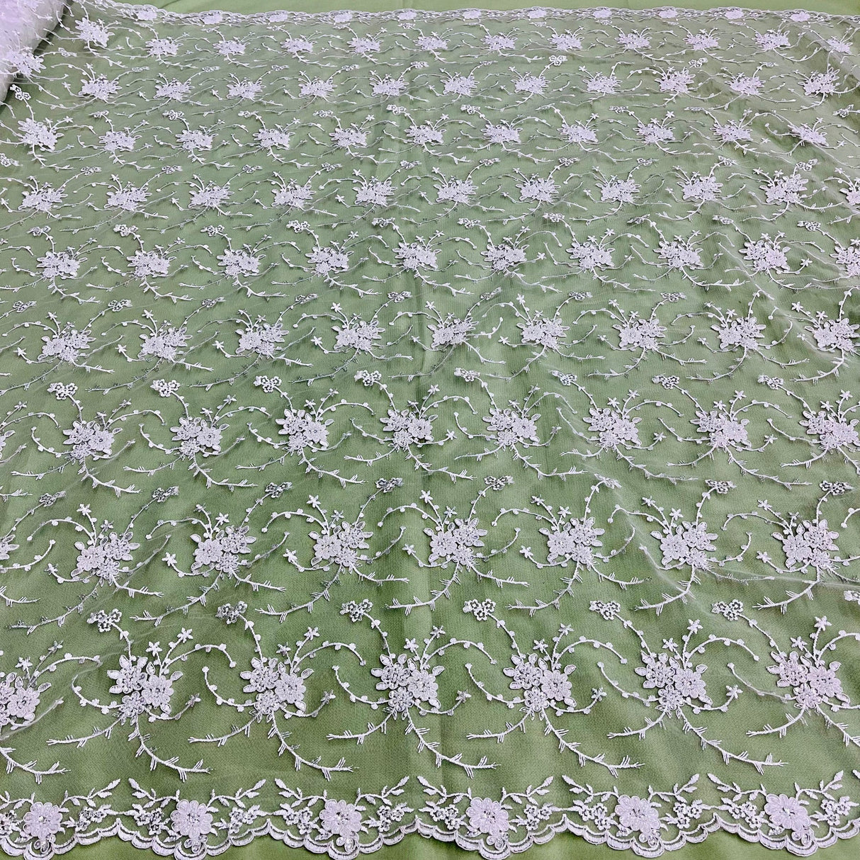 1 Yard Elegant Ivory Beaded Corded Bridal Lace Fabric Embroidered on Net Mesh 52 inch Width