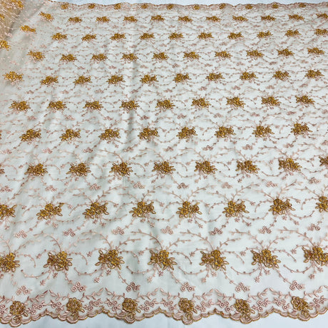 1 Yard Elegant Ivory Beaded Corded Bridal Lace Fabric Embroidered on Net Mesh 52 inch Width