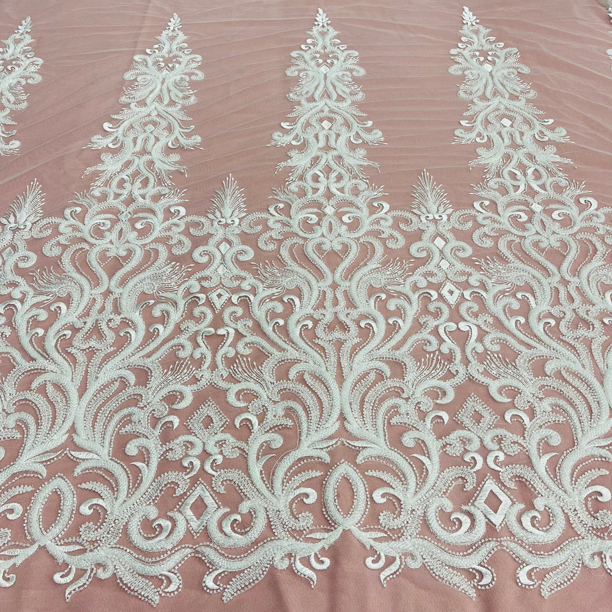 1 Yard Gold Beaded Lace Fabric Embroidered with Fuzzy Thread on 100 Percent Polyester Net Mesh 49 Inch Width