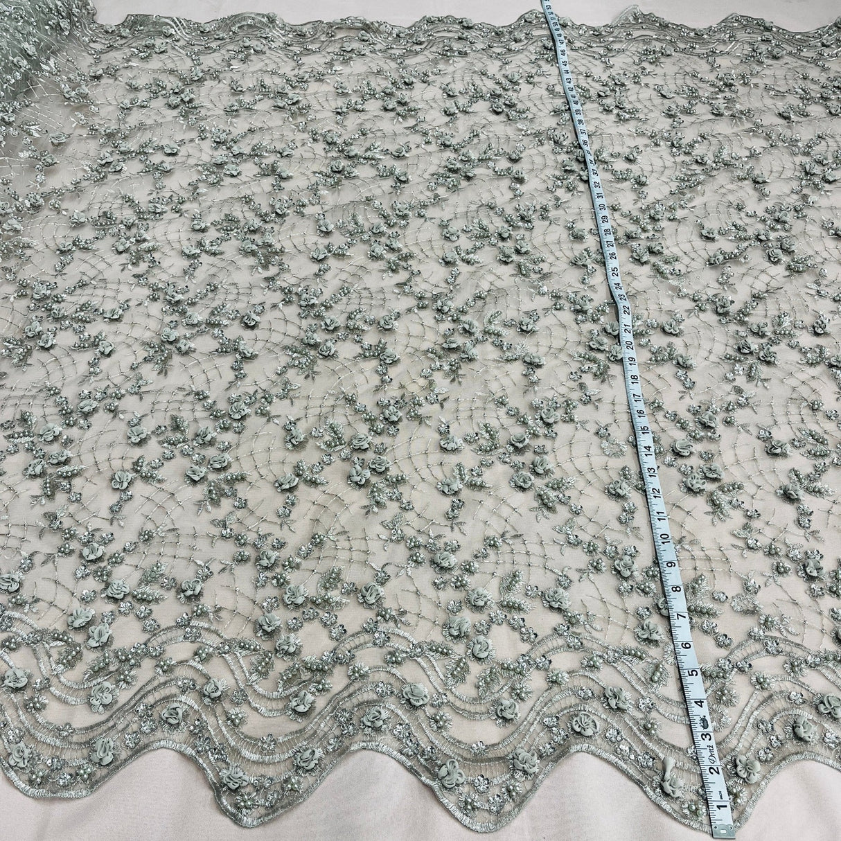 1 Yard Stunning Beaded 3D Floral Lace Fabric Embroidered on Premium Mesh 52